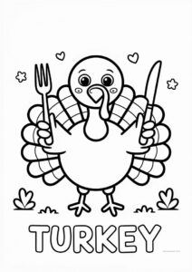 Turkey Holding A Fork And Knife Coloring Page 1