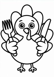 Turkey Holding A Fork And Knife Coloring Page 2