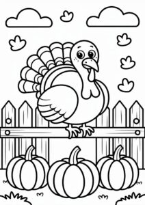 Turkey Sitting On Fence With Pumpkins On The Ground 1