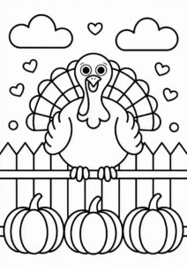 Turkey Sitting On Fence With Pumpkins On The Ground 2