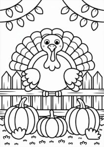 Turkey Sitting On Fence With Pumpkins On The Ground 3