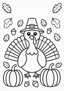 Turkey With Pilgrim s Hat Surrounded By Pumpkins And Acorns 1