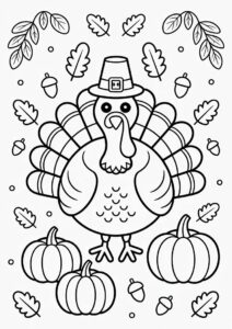 Turkey With Pilgrim s Hat Surrounded By Pumpkins And Acorns 2
