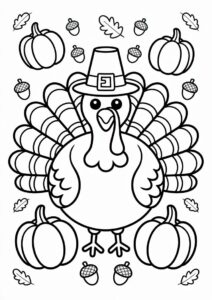 Turkey With Pilgrim s Hat Surrounded By Pumpkins And Acorns 3