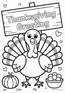 Turkey With Thanksgiving Greeting Sign Coloring Page 1
