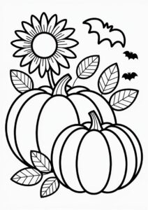 Two Large Pumpkin Coloring Page With Sunflower And Leaves 1