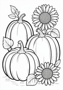 Two Large Pumpkin Coloring Page With Sunflower And Leaves 2
