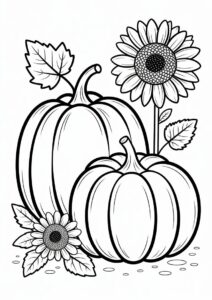 Two Large Pumpkin Coloring Page With Sunflower And Leaves 3