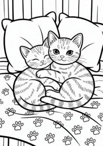 Two Tabby Cats Cuddling Coloring Sheet For Kids 2