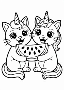 Two Unicorn Cat Coloring Page Eating Watermelons 1