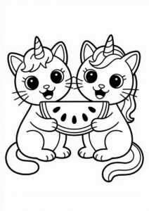 Two Unicorn Cat Coloring Page Eating Watermelons 2