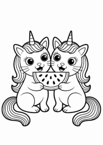 Two Unicorn Cat Coloring Page Eating Watermelons 3