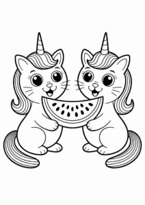 Two Unicorn Cat Coloring Page Eating Watermelons 4