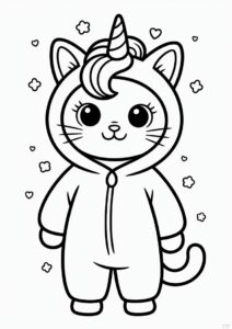 Unicorn Cat Coloring Page Wearing Hooded Onesie 3