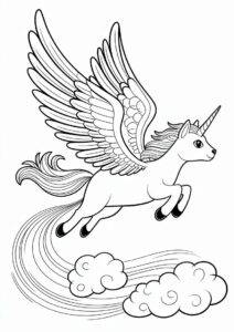 Unicorn Cat Coloring Page With Large Wings Flying In The Sky 2