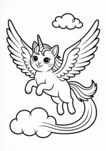 Unicorn Cat Coloring Page With Large Wings Flying In The Sky 3