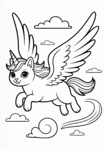 Unicorn Cat Coloring Page With Large Wings Flying In The Sky 4