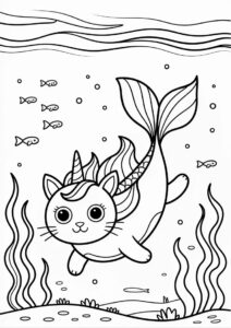 Unicorn Cat Coloring Page With Mermaid Tail Underwater 1