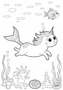 Unicorn Cat Coloring Page With Mermaid Tail Underwater 2
