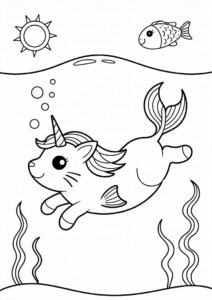 Unicorn Cat Coloring Page With Mermaid Tail Underwater 3