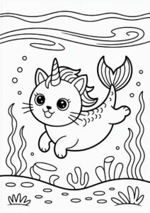 Unicorn Cat Coloring Page With Mermaid Tail Underwater 4