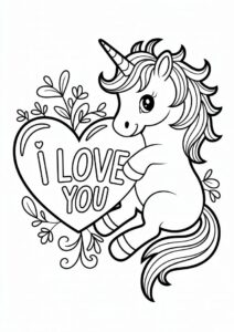 Unicorn Hugging Heart I Love You Valentines Day Coloring Page 1