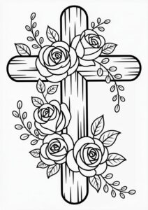 Wooden Cross With Roses To Color 1