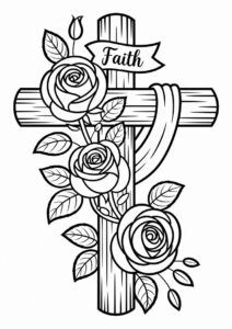 Wooden Cross With Roses To Color 2