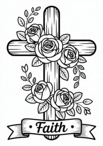 Wooden Cross With Roses To Color 4