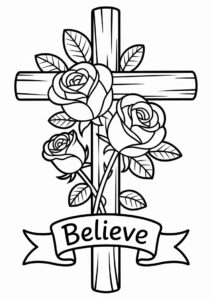 Wooden Cross With Roses To Color 5