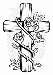 Wooden Cross With Roses To Color 6