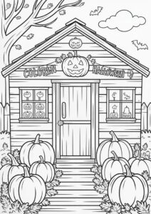 Wooden Shed Covered In Leaves And Filled With Pumpkin Coloring Page 1