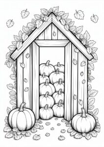 Wooden Shed Covered In Leaves And Filled With Pumpkin Coloring Page 2