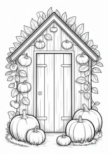 Wooden Shed Covered In Leaves And Filled With Pumpkin Coloring Page 3
