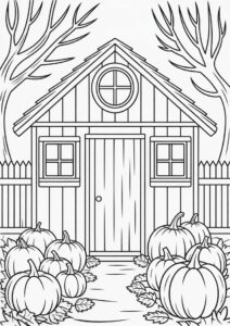 Wooden Shed Covered In Leaves And Filled With Pumpkin Coloring Page 4