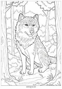 alpha wolf coloring page emerging from trees 3