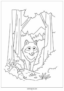 alpha wolf coloring page emerging from trees 4