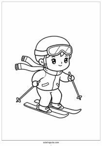 kawaii boy skiing in winter coloring page 1