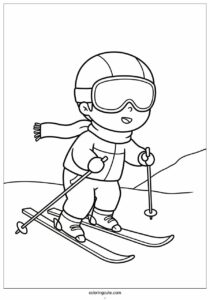 kawaii boy skiing in winter coloring page 2