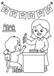 kindergarten Teacher Making A Banner With A Student Coloring Page v2 1