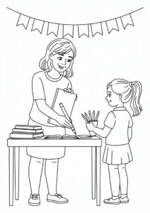 kindergarten Teacher Making A Banner With A Student Coloring Page v2 2