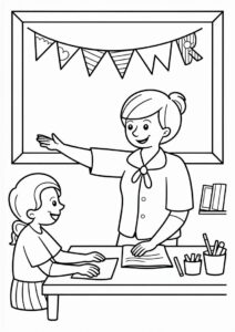 kindergarten Teacher Making A Banner With A Student Coloring Page v2 3