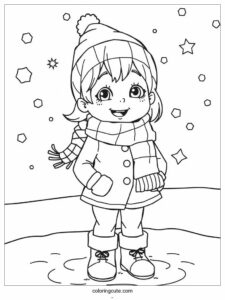 realistic girl playing in snow coloring page 1