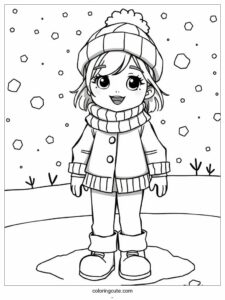 realistic girl playing in snow coloring page 4