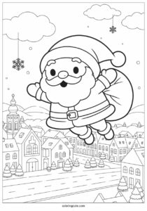 santa flying over a town in winter coloring page 2