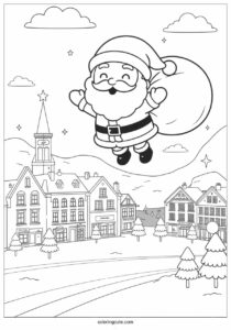 santa flying over a town in winter coloring page 3