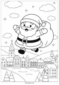 santa flying over a town in winter coloring page 4