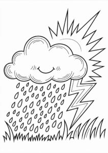 simple Cloud with Rain Coloring Page And Thunder For Kids 1