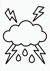 simple Cloud with Rain Coloring Page And Thunder For Kids 5