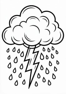 simple Cloud with Rain Coloring Page And Thunder For Kids 6